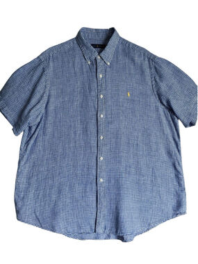 Ralph Lauren Linen Button Down Shirt Mens XXL Gingham Blue Short Sleeve